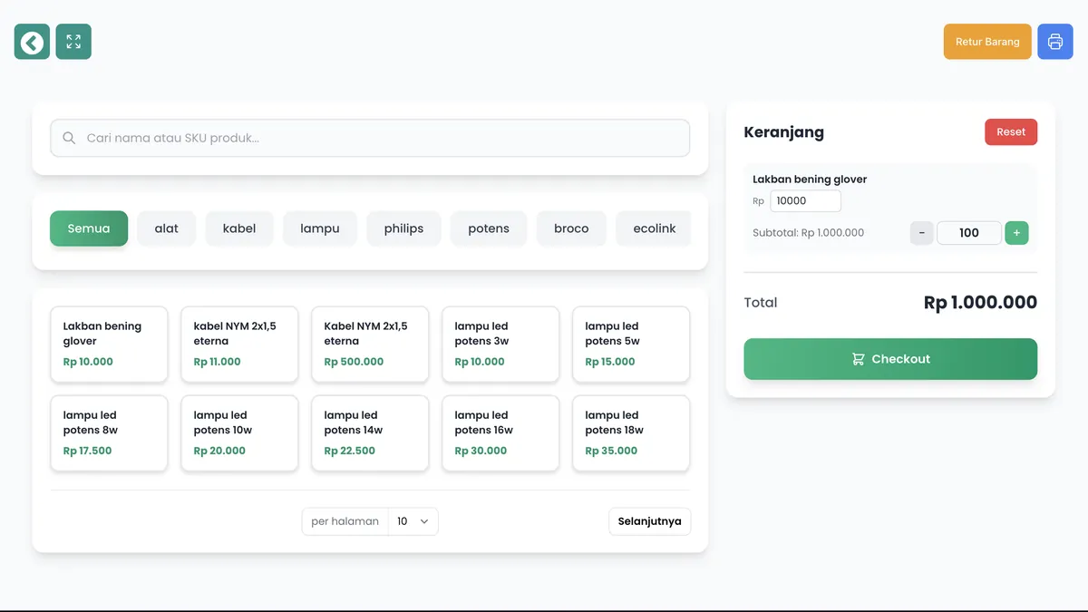 Halaman kasir versi web Akrom Elektrik POS, sistem POS custom buatan Merbabudev